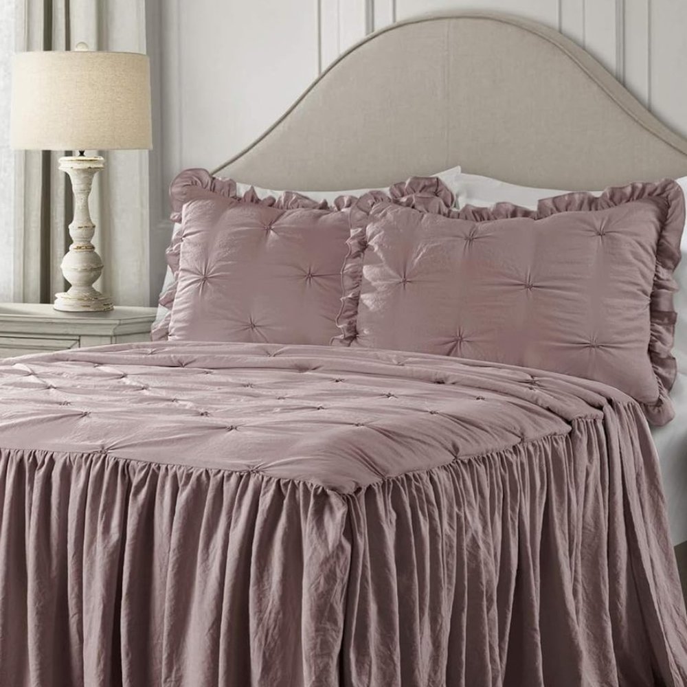 Mauve Queen Size Bed Bedspread Shams Set Soft Neutral Lavender Pink Cottage Chic